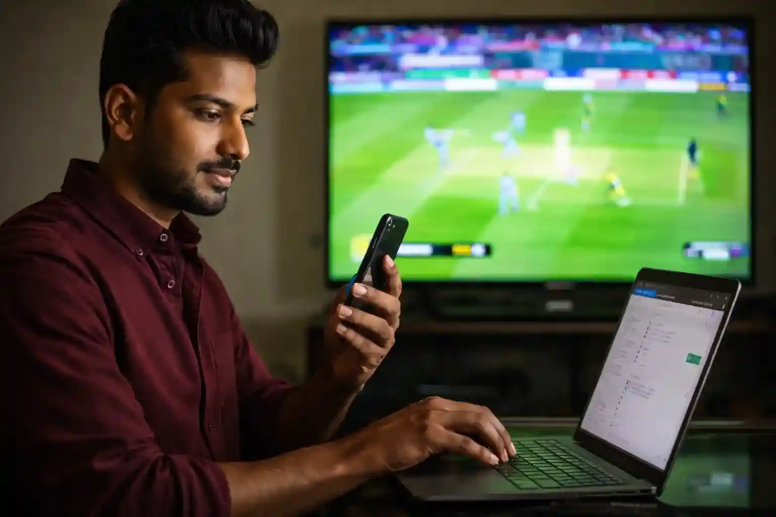 Man using smartphone and laptop to bet on live sports matches like cricket