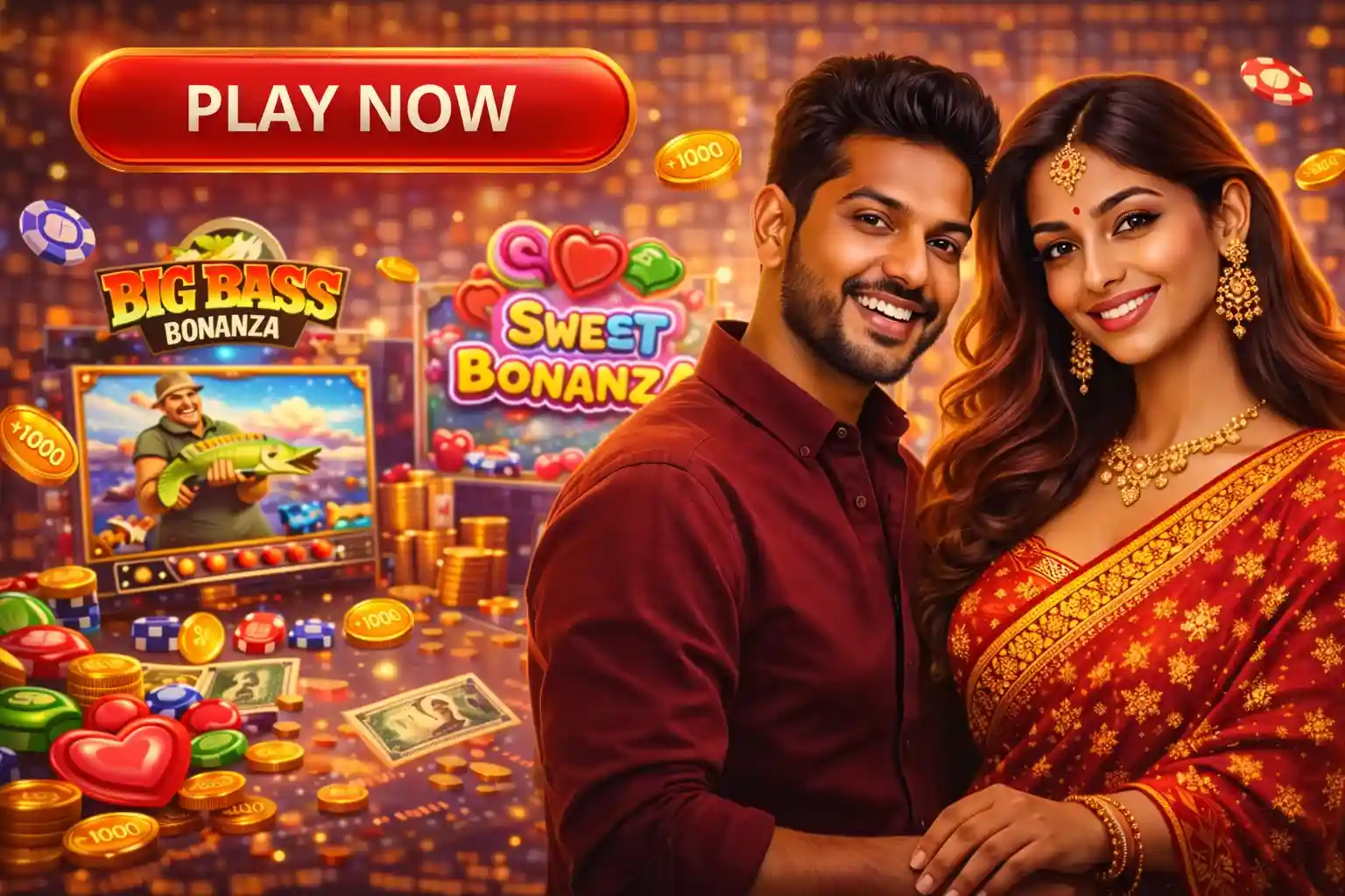 Smiling couple inviting players to join online casino games with big bass bonanza background